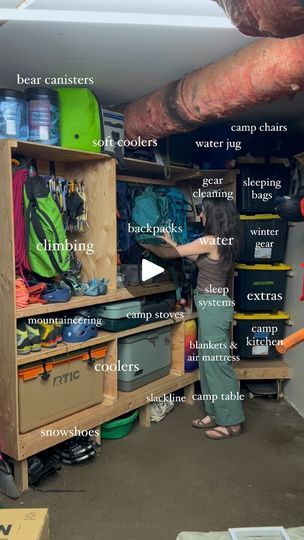 432K views · 36K reactions | How to build a gear wall👇🏼  Unpacking and packing for a trip is SO MUCH EASIER now that we have this gear wall. It makes everything super easy to find, put away, and most importantly, not forget!  We have had some form of gear storage in a few homes we have lived in, but this is by far the biggest.   This is part of our garage (which is teeny tiny, barely big enough for a car to fit in), but we have also taken over a wall in our living room or a guest bedroom to store our gear.   I have another tip video coming asap with more details that helped us, (so make sure you’re following for that), but here are some initial tips to start 👇🏼  1. Lay all of your gear out before you start. Then you can start categorizing it and figure out how much space you need  2. T Camping Gear Wall, Gear Room Organization, Camping Equipment Storage, Outdoor Gear Storage, Camp Kitchen Box, Camping Gear Storage, Cabin Storage, Adventure Room, Packing For A Trip