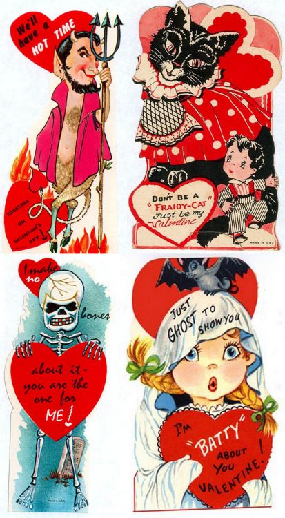 Vintage Halloween Valentines on Flickr.Because why should Cupid... Weird Valentines, Fraidy Cat, Vintage Valentine Crafts, Halloween Valentines, Valentines Illustration, February Valentines, Adult Halloween Party, Vintage Valentine Cards, My Funny Valentine