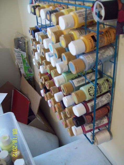 **The Craft Donkey**: Tutorial- Wire Rack Paint Holder Paint Holder, Craft Paint Storage, Craft Storage Cabinets, Paint Rack, Tutorials Art, Journal Tutorials, Paint Organization, Sewing Room Storage, Dollar Store Diy Organization