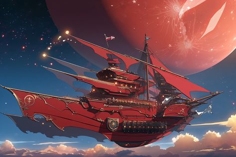 Spelljammer Ships Concept Art, Flying Ship Fantasy Art, Dnd Airship, Airships Steampunk, Space Pirate Concept Art, Cyberpunk Pirate Ship, Fantasy Airship Magic, Steampunk Blimp Concept Art, Airship Art