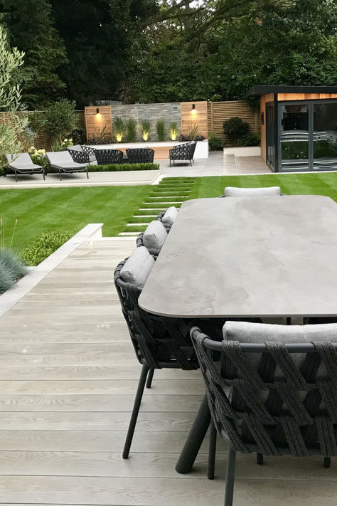 Create a garden you want to spend all your time in. Back Garden Entertaining Area, Large Modern Garden, Big Back Garden Ideas, Clean Garden Ideas, Modern Garden Design Luxury Backyards, Long Garden Design, Sleepers Garden Ideas, Garden Inspiration Simple, Decked Garden