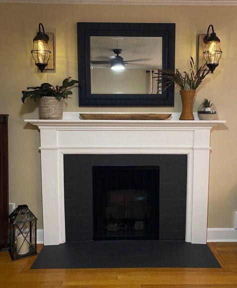 Wood Fireplace Painting Ideas, Paint Old Fireplace, Fireplace Paint Tile, Coal Fireplace Makeover, Painted Black Tile Fireplace, Redoing Fireplace Ideas Tile, Fireplace Mantle Redo, White Fireplace Makeover, Corner Fireplace Renovation