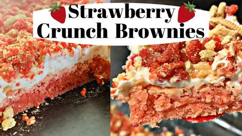 How to make the brownies, the cream cheese icing as well as the crumble that goes on top. Its a great summer treat & it taste just like the iconic strawberry crunch icecreams! Its a must try! Strawberry Crunch Brownies, Crunch Brownies, Unique Recipes Desserts, Strawberry Crunch Cake, Creative Dessert Recipes, Strawberry Crunch, Cheesecake Bar Recipes, Crunch Cake, Dessert Bar Recipe