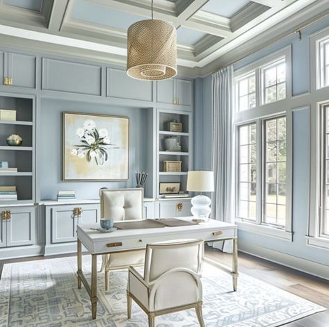 Home Office Light Blue Walls, Light Blue And Gold Office, French Blue Office, Light Blue Office Walls, Blue Home Office Ideas, Light Blue Home Office, Blue Office Design, Coastal Office Ideas, Blue And White Office