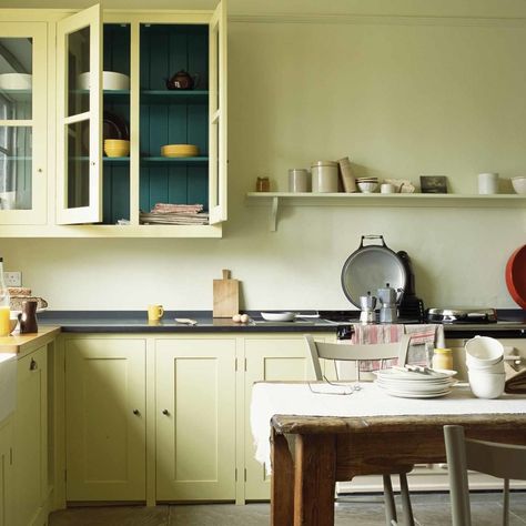 Plain English Design on Instagram: “The Long House range is our simplest style and was inspired by the practical below-stairs joinery of the Georgians, inspired by details…” Churlish Green, Contemporary Farmhouse Kitchen, Colourful Kitchens, Teal Cabinets, Plain English Kitchen, Plain English, Long House, English Kitchens, Indoor Photography