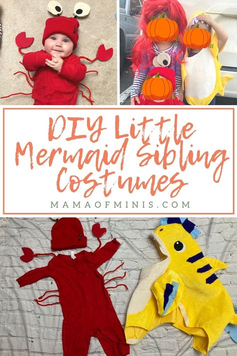 DIY Little Mermaid Sibling Costumes Eel Costume Diy, Sebastian The Crab Costume, Homemade Flounder Costume, Sebastian Crab Costume Diy, Diy Ariel Costume Kids, Little Mermaid Costume Family, Diy Sebastian Costume, Little Mermaid Family Costume Halloween, Sebastian Costume Little Mermaid