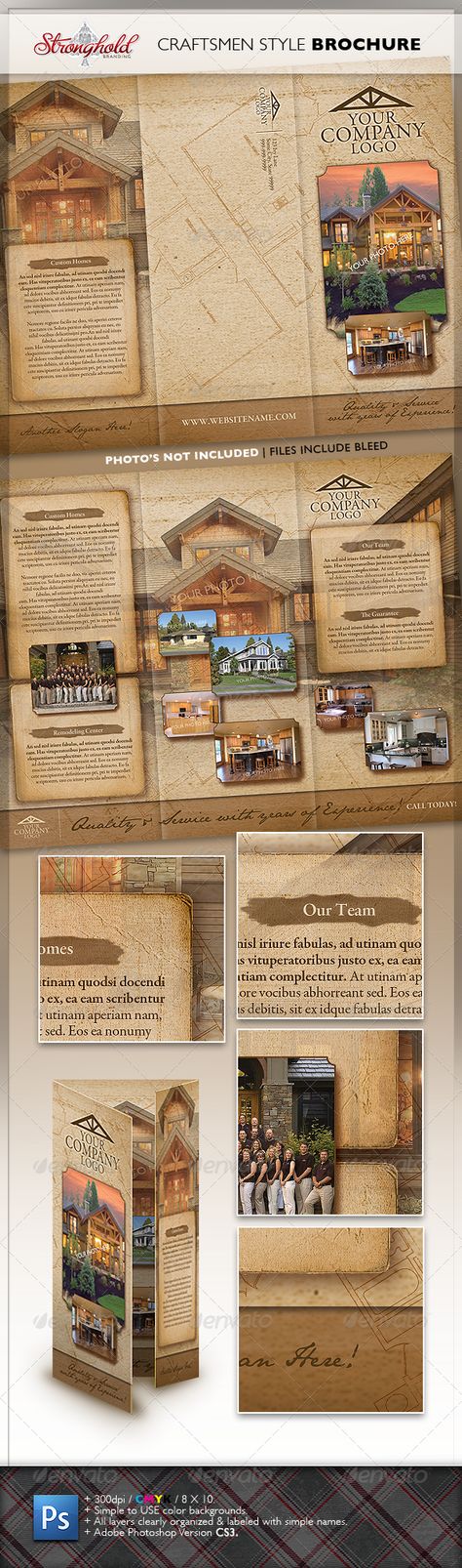 Vintage Craftsmen Style Brochure - GraphicRiver Item for Sale Historical Brochure, Vintage Brochure Design, History Brochure, Vintage Brochure, Tourism Brochure Design, Open House Brochure, Vintage Craftsman, Visual Design Trends, Brochure Design Layout