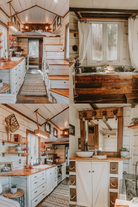 Tiny House Porch Decks, Tiny Home Outside, Cedar Columns, Tiny House Porch, Tiny House In The Woods, Outside Stairs, Tiny House Big Living, Hall House, Shed Home