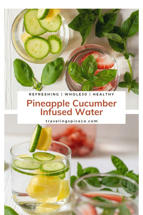 Light and refreshing for a hot summer day. This drink is easy to make and Whole30 compliant. #Whole30drinks #whole30summer #whole30water #infusedwater #flavoredwater Cucumber Water Recipe, Strawberry Infused Water, Paleo Smoothies, Cucumber Infused Water, Pineapple Cucumber, Steak Dinner Sides, Paleo Drinks, Flavored Water Recipes, Pineapple Water