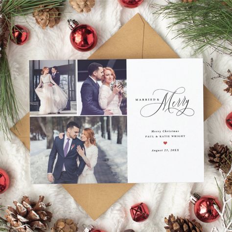 Marry Christmas Card, Merry And Married, First Married Christmas, Christmas Wedding Themes, Wedding Announcements Photos, First Christmas Card, Christmas Wedding Invitations, Newlywed Christmas, Wedding Announcement