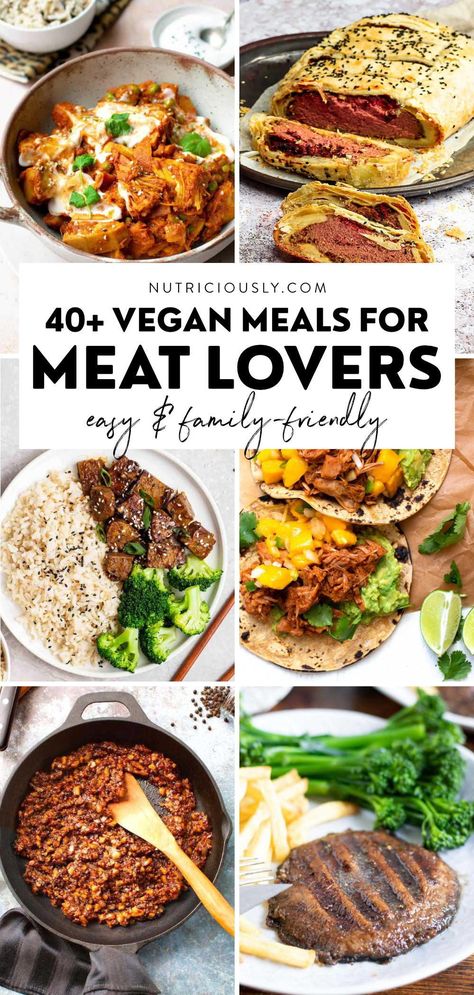 These are the best vegan meals for meat lovers with lots of flavor, texture and protein. From meatloaf to meat balls, homemade ribs, bacon and roast, tacos carnitas, beef stew and spaghetti bolognese, these easy and flavorful recipes will truly be a success! Vegan Meal For Meat Eaters, Easy Vegan Gf Meals, Plant Based Recipes For Meat Lovers, Vegan For Meat Lovers, Vegan Meals For Meat Lovers, Vegan Recipes For Meat Eaters, Meals Without Red Meat, Meat Alternatives Recipes, Meals For Vegetarians And Meat Eaters