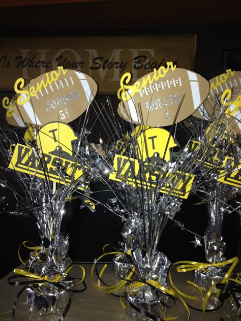 Football banquet senior keepsakes/table decor Football Banquet Decorations, Sports Banquet Centerpieces, Football Banquet Centerpieces, Sports Banquet Ideas, Football Banquet Ideas, Softball Banquet, Athletic Banquet, Football Centerpieces, Baseball Banquet