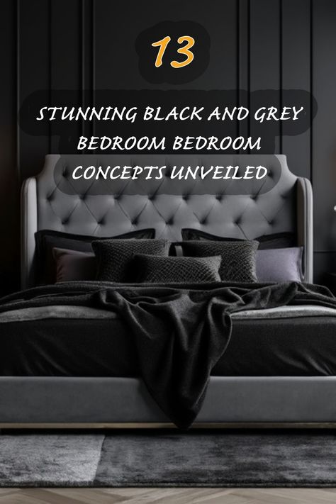 I'm absolutely in love with these stunning black and grey bedroom concepts! The combination of dark tones creates a sophisticated and cozy atmosphere. From the plush bedding to the stylish decor, every detail comes together to make a perfect retreat. Check out these ideas to transform your space into a modern sanctuary! Black And Taupe Bedroom, Dark Carpet Bedroom, Charcoal Grey Bedroom Ideas, Black White Grey Bedroom, Black White And Grey Bedroom Ideas, Black Grey Bedroom, Gray Headboard Bedroom Decor, Dark Grey Bedroom Ideas, Black And Grey Bedroom Ideas