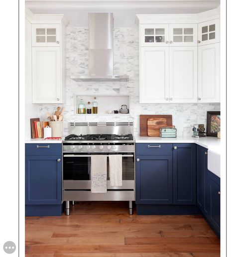 Love this shade of blue!  Newbury Port by Benjamin Moore. Feng Shui Kitchen Colors, Kitchen Open Concept, Full House Tv Show, Feng Shui Kitchen, Blue Kitchen Designs, Coastal Farmhouse Kitchen, Rainbow Kitchen, Two Tone Kitchen Cabinets, Two Tone Kitchen