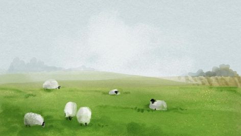 Farm Aesthetic Background, Landscape Computer Wallpaper, Sheep Wallpaper, Sheep Cartoon, Sheep Illustration, Background Psd, Sheep Paintings, Farm Landscape, Background Desktop