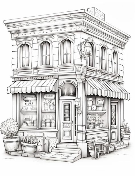 Coloring Sheets For Adults, Town Drawing, Shop Sketch, Bujo Art, Colouring Sheets For Adults, Adults Coloring, New Year Pictures, Building Illustration, Adult Coloring Designs