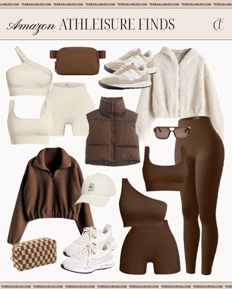 Brown Athleisure Outfit, Beige Leggings Outfit Winter, How To Style Brown Leggings, Athleisure Outfits Women, Brown Gym Outfit, Work Out Outfits, Winter Gym Outfit, Brown Leggings Outfit, Amazon Athleisure