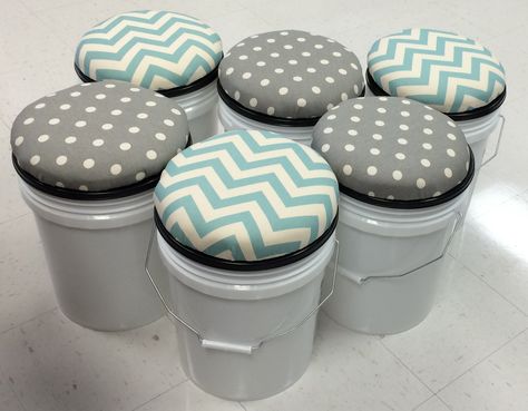 5 Gallon Bucket Stools for Small Group Kidney Table 5 Gallon Bucket Stools Diy, Classroom Stool Ideas, Classroom Table Trash Cans, Classroom Bucket Seats, Plastic Paint Bucket Ideas, Bucket Stool, Bucket Diy, Small Classroom, Kidney Table