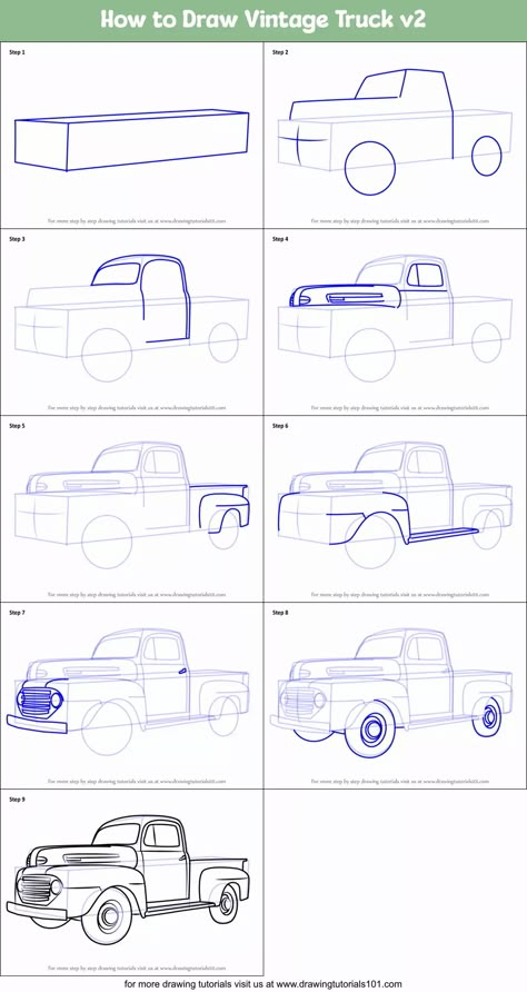 How to Draw Vintage Truck v2 (Vintage) Step by Step | DrawingTutorials101.com How To Draw A Vintage Truck, Old Truck Drawing Easy, Drawing Trucks Step By Step, How To Draw An Old Truck, Vintage Vehicles Drawing, How To Draw Trucks Step By Step, How To Draw A Pickup Truck Step By Step, Old Ford Truck Drawing, Dodge Truck Drawing