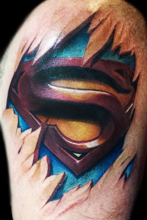 Color, Super Man Logo Tattoo Coming Through Skin Super Man Logo Tattoo, Super Man Tattoo Design, Neon Tattoos, Aj Tattoo, Superman Tattoos, Justice Logo, Neon Tattoo, 3d Words, Super Man