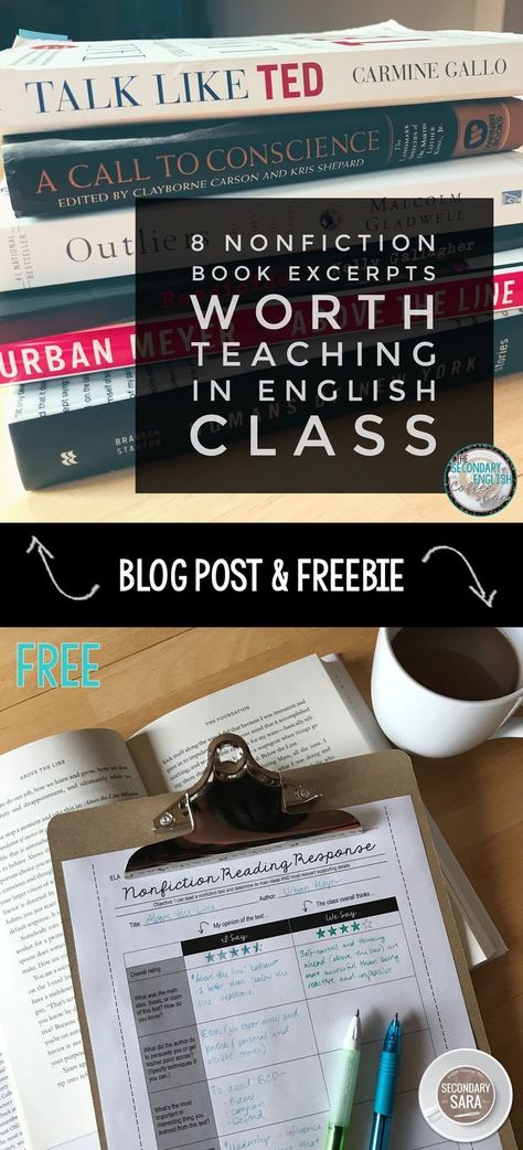 Blog Post: 8 Nonfiction Books you can EXCERPT for a middle or high school English class (with FREE reading response activity!) Reading Response Activities, Ap Lang, Teaching High School English, Teaching Literature, Secondary English, English Language Arts High School, High School Ela, Teaching Ela, 9th Grade