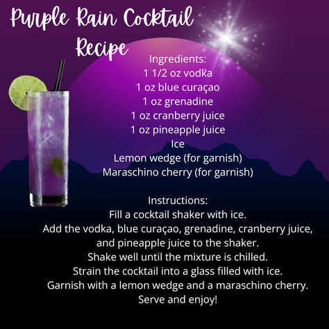 Sip into serenity with the mesmerizing Purple Rain Cocktail! This vibrant drink combines vodka, blue curaçao, grenadine, cranberry, and pineapple juice for a burst of fruity delight. Garnished with a lemon wedge and cherry, it’s the perfect blend of beauty and flavor. Ideal for summer parties or a stylish evening in. Cheers to color and taste! 🌸🍹✨  #PurpleRainCocktail #CocktailRecipe #DrinkUp #MixologyMagic #CocktailTime #SummerSips #HappyHour #PartyDrinks #ColorfulCocktails Purple Rain Cocktail Recipes, Purple Rain Drink, Cranberry And Pineapple, Cocktails With Blue Curacao, Purple Rain Cocktail, Rain Cocktail, Purple Rain Movie, Lemonade Punch Recipe, Vodka Blue