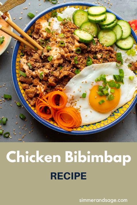 This Chicken Bibimbap recipe is a healthier twist on the classic Korean rice bowl, fully loaded with lean protein, sticky rice and crunchy veggies in a savory gochujang sauce.And whatever you do, don’t skip the spicy mayo on top. The best part! Bibimbap Recipe Easy, Chicken Bibimbap Recipe, Korean Rice Bowl, Bibimbap Bowl, Gochujang Chicken, Bibimbap Recipe, Korean Rice, Vegetable Pancakes, Family Breakfast Recipes