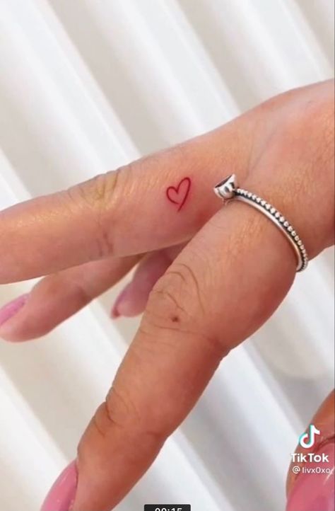 Heart Finger Tattoo, Unique Minimalist Tattoo, Small Finger Tattoos, Petite Tattoos, Red Ink Tattoos, Finger Tattoo, Red Tattoos, Small Hand Tattoos, Minimalist Tattoos