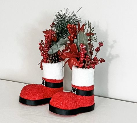 Dollar Tree Santa Boots DIY | ✨ Dollar Tree Santa Boots DIY ✨ | By We Craft Around | Facebook Santa Boots Diy, Holiday Centerpieces Diy, Christmas Decorating Hacks, Decorating Hacks, Boots Diy, Meatloaf Muffins, Christmas Decorations Apartment, Tree Santa, Christmas Boots