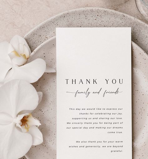 CLAIRE Minimal Wedding Table Thank You Card T Wedding Thank You Cards At Table, Thank You Note Place Setting Wedding, Thank You Card Table Setting, Table Thank You Cards Wedding, Reception Thank You Cards, Thank You Note At Wedding Table, Thank You Notes Wedding Table, Thank You Table Cards, Simple Wedding Thank You Cards