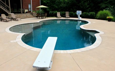 Fiberglass Pool With Diving Board, Pool Ideas With Tanning Ledge, Gunite Pool With Tanning Ledge, Gunite Pool Ideas, Pool With Diving Board, Pool With Tanning Ledge, Gunite Swimming Pool, Pool Basketball, Diving Boards