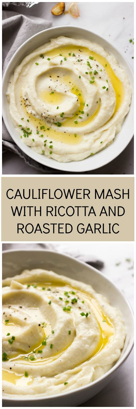 Cauliflower Mash with Ricotta and Roasted Garlic - tastes just like mashed potatoes but with fraction of the carbs! Cauliflower Mashed, Cauliflowers, Cauliflower Mashed Potatoes, Cauliflower Mash, Buffalo Cauliflower, Munnar, Mashed Cauliflower, Think Food, Cauliflower Recipes