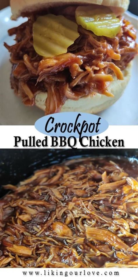 Sweet and tangy pulled BBQ chicken made super easy in the crockpot. Tangy Pulled Chicken, Pulled Bbq Chicken, Crockpot Bbq Chicken, Pulled Chicken Sandwiches, Bbq Sauce Chicken, Bbq Chicken Crockpot, Chicken Sandwiches, Pulled Chicken, Turkey Dinner