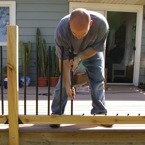 Baluster Installation - DecksDirect Porch Balusters, Garden Bridge Design, Deck Handrail, Deck Railing Systems, Aluminum Balusters, Deck Balusters, Deck Spindles, Patio Railing, Deck Railing Design