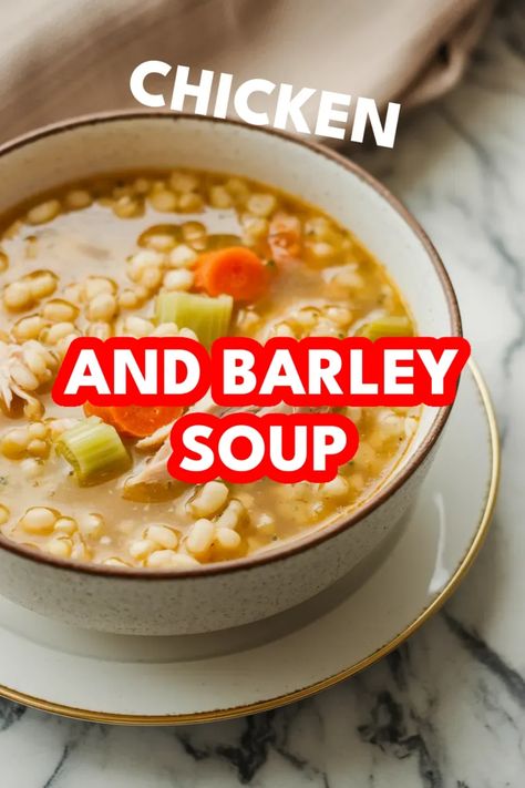 A photo of a  Chicken and Barley Soup a winter chicken soup Chicken Soup With Barley Recipe, Chicken Barley Soup Recipes Homemade, Chicken Mushroom Barley Soup, Chicken Barley Soup Recipe, Chicken Barley, Chicken Barley Soup, Barley Soup Recipe, Easy Soup Recipe, Barley Recipe