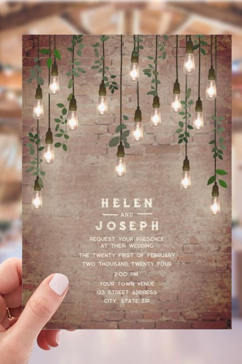 Vintage Lightbulbs Rustic Brick Botanical Wedding Invitation Brick Wedding, Edison Lights, Popular Wedding Invitations, Botanical Wedding Invitation, Rustic Brick, Wedding Announcement Cards, Brick Background, Vintage Light Bulbs, Botanical Wedding Invitations