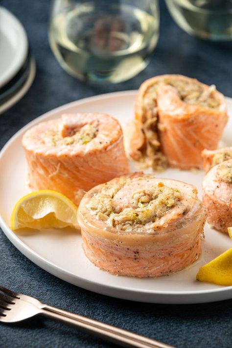 Salmon Recipes Baked Mayonnaise, Recipes With Mayonnaise, Salmon Recipes Baked Oven, Salmon In Puff Pastry, Salmon Recipes Baked, Salmon Pinwheels, Crab Stuffed Salmon, Easy Crescent Rolls, Baked Salmon Lemon