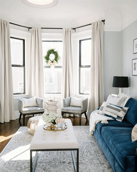 @juliagoodwindesign on instagram - photo @laeiou - bay window - curtain rod - Pottery Barn Window Living Room Ideas, Bay Window Living Room Ideas, Living Room With Bay Window Layout, Living Room Bay Window, Bay Window Treatments, Dining Room Window Treatments, Bay Window Living Room, Bay Window Ideas, Window Living Room