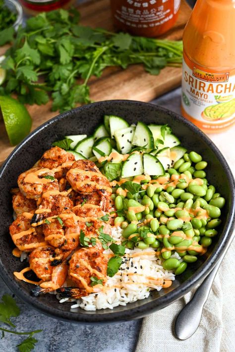 Shrimp And Rice Bowl, Sriracha Shrimp, Rice Bowl Recipe, Edamame Recipes, Rice And Veggies, Protein Ideas, Healthy Bowls Recipes, Rice Bowls Recipes, Shrimp And Rice