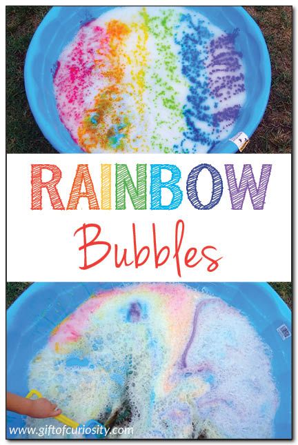 Rainbow bubbles - an outdoor sensory art experience for kids #ece #kbn || Gift of Curiosity Outdoor Experiences For Preschoolers, Water Art For Preschoolers, Liquid Worms Science Experiment, Bubbles Preschool, Outdoor Activities For Preschoolers, Summer Sensory, Bubble Activities, Meadow Art, Rainbow Bubbles