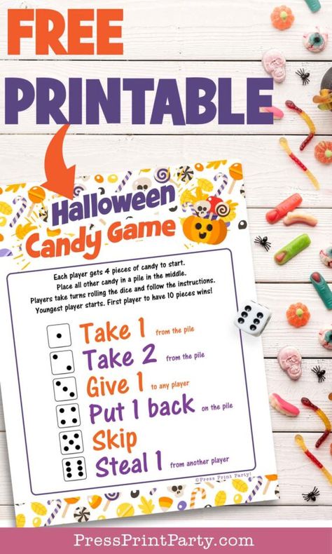 HALLOWEEN CANDY GAME Free Printable: Fun Candy Swap Game for kids. You'll be surprised by how much fun the kids will have playing this Halloween Candy Game at your next Halloween party. This Candy dice game is great to play after trick-or-treating with friends and family, as an activity for your little Halloween party guests, or as a perfect classroom activity during October. All you need is the printed instruction sheet, a dice, and a few pieces of candy - Press Print Party! Candy Dice Game Printable, Halloween Left Right Game Free, Candy Games For Kids, Halloween Activity Days, Halloween Candy Dice Game, Free Halloween Games, Candy Dice Game, Halloween Party Candy, Pumpkin Carving Patterns Free