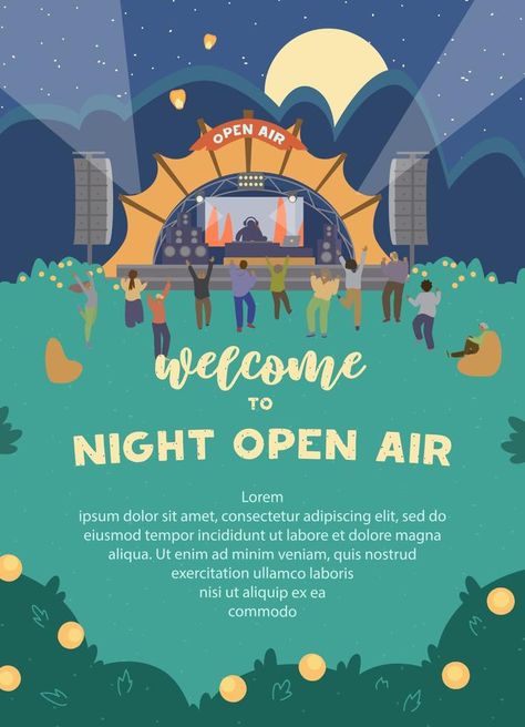 Vector Welcome To Night Open Air Festival Invitation. Vertical Banner Design With Electronic Music Stage And People Dancing At Night. Party Invitation. Vertical Banner Design, Festival Ads, Night Party Invitation, Festival Invitation, Music Stage, Dancing People, Vertical Banner, Vector Infographic, Invitation Party