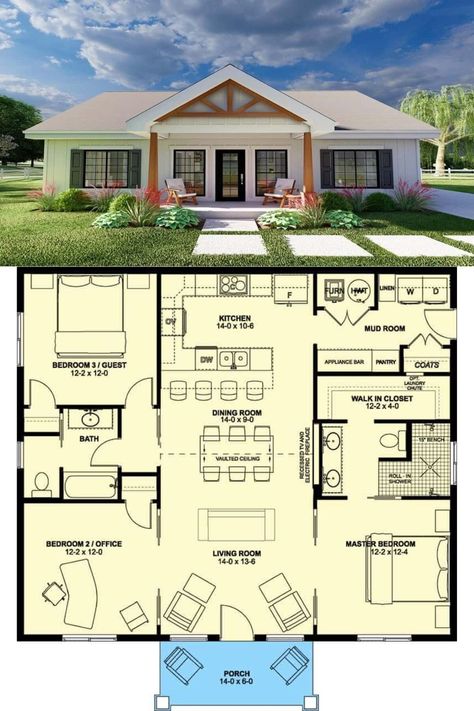 American House Design, Small Country Homes, Small Cottage House Plans, Small Cottage Homes, Barn Style House Plans, 4 Bedroom House Plans, Small House Floor Plans, Building Plans House, Tiny House Floor Plans