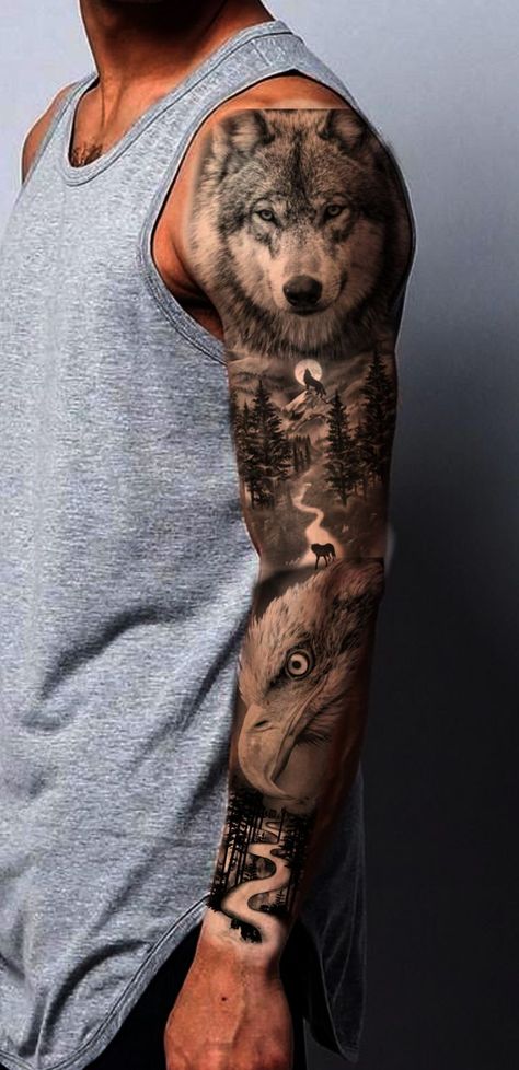 Wilderness Sleeve Tattoo For Men, Wolf Full Arm Tattoos For Guys, Full Sleeve Tattoos Animals, Wolf Full Sleeve Tattoo For Men, Wolf Tattoo Full Sleeve, Wolf Tattoo Ideas For Women Half Sleeves, Tattoo Sleeve Men Animals, Men’s Animal Sleeve Tattoo, Men Tattoo Wolf