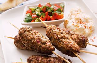 Schwartz recipe for Cumin & Mint Koftas with Summer Tabbouleh,... Sausage On A Stick, Spaghetti With Ground Beef, Yoghurt Recipe, Lebanese Desserts, Kebab Skewers, Kebab Recipe, Grain Recipes, Kebab Recipes, Lebanese Food