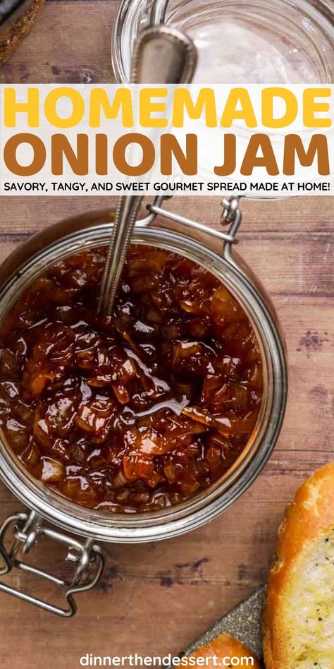 Easy Onion Jam is an easy homemade gourmet spread! Simple recipe for a sweet and savory caramelized onion jam with an amazing depth of flavor. Onion Jam Recipe Simple, Caramelized Onion Jam Recipe, Red Onion Jam Recipe, Best Relish Recipe, Savory Onion Jam, Savory Jelly Recipe, Onion Jam Appetizer, What To Do With Lots Of Onions, Gourmet Jam Recipes