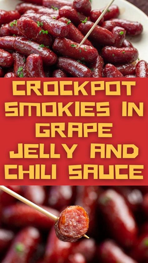 Grape Jelly Smokies, Crockpot Smokies, Grape Jelly Chili Sauce, Kielbasa Appetizer, Crockpot Little Smokies, Hot Dog Appetizers, Cocktail Wieners, Little Smokies Recipes, Sausage Chili