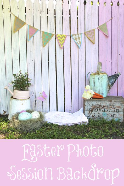 Photography Mini Session Easter 2015. Didn't happen this year, but will make sure it does next year! Easiest set up- painted wood fence in ombre pink, pastel flag banner, old watering cans, old wood crate, quilt, and some easter eggs... VOILA! Diy Easter Backdrop Ideas, Easter Pet Photos, Easter Photo Booth, Easter Backdrop, Easter Photo Props, Photography Elements, Easter Mini Session, Diy Photography Props, Easter Photoshoot