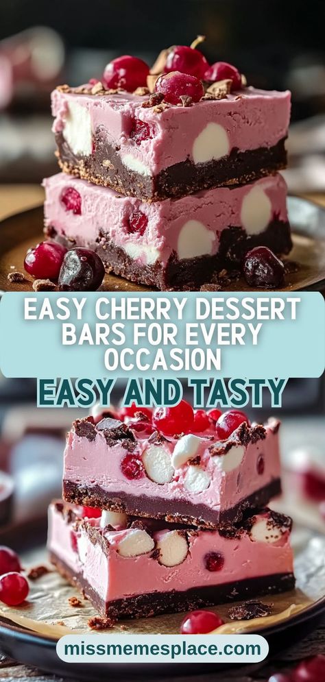 Treat yourself to these Easy Cherry Dessert Bars, showcasing the perfect combination of sweet cherry flavor and rich fudge. Made with semi-sweet chocolate chips, fluffy marshmallows, and vibrant maraschino cherries, this no-bake recipe is a breeze to prepare. Whether you're hosting a gathering or looking for a sweet indulgence after dinner, these fudge bars will be a hit. Enjoy the creamy texture and fruity bursts in every bite of these delectable cherry marshmallow treats! Merry Cherry Dessert, Recipes Using Semi Sweet Chocolate Chips, Chambord Recipes Desserts, Cherry Desserts Easy Simple, Easy Gluten Free Desserts For A Crowd, Semi Sweet Desserts, Cherry Mash Bars, Cherry And Chocolate Desserts, Cherry Desserts Recipes