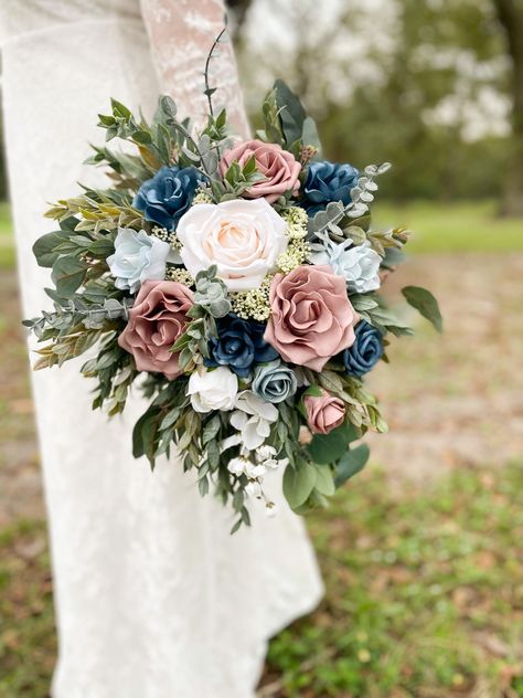 Dust Blue And Dusty Rose Wedding, Navy And Blush Wedding Colors, Mauve Blue Wedding, Sage Green Blue And Pink Wedding, Dusty Rose Navy Blue Wedding Bridal Bouquets, Blue And Pink Fall Wedding, Pink And Blue Winter Wedding, Desert Rose Wedding Colors Flowers, Dusty Blue And Mauve Wedding Theme